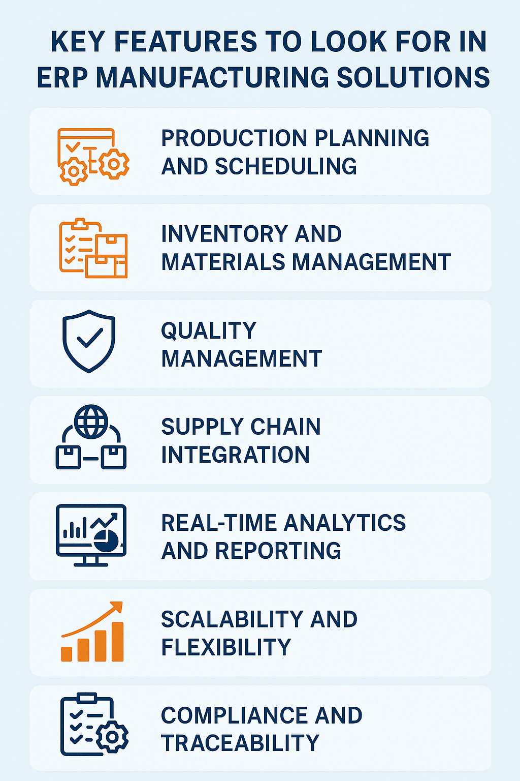Infographic showing seven key ERP manufacturing features: production planning, inventory management, quality management, supply chain integration, real-time analytics, scalability, and compliance