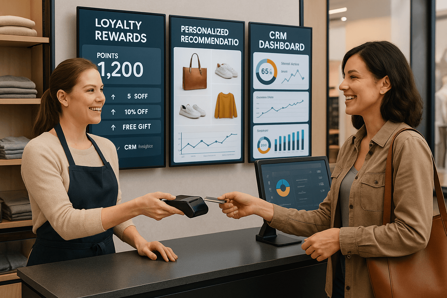 Retail CRM software dashboard unifying customer data for personalized shopping experiences, loyalty rewards, and omnichannel engagement.
