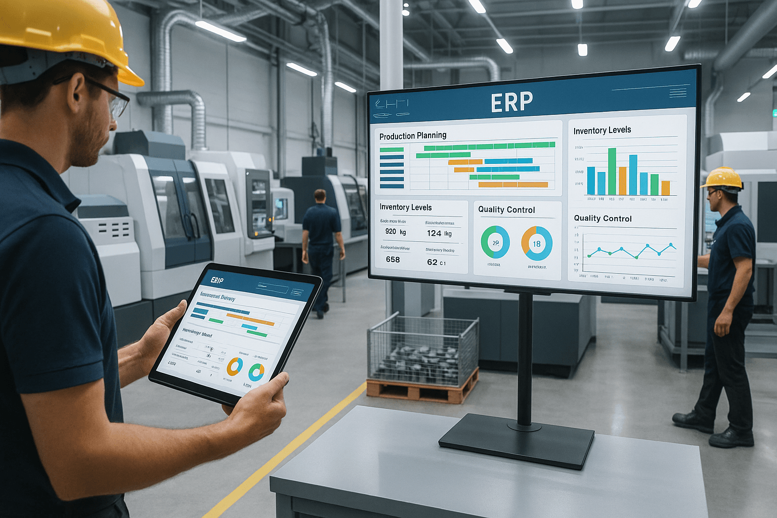 Manufacturing ERP dashboard showing real-time production planning, inventory management, and quality control in a modern factory.