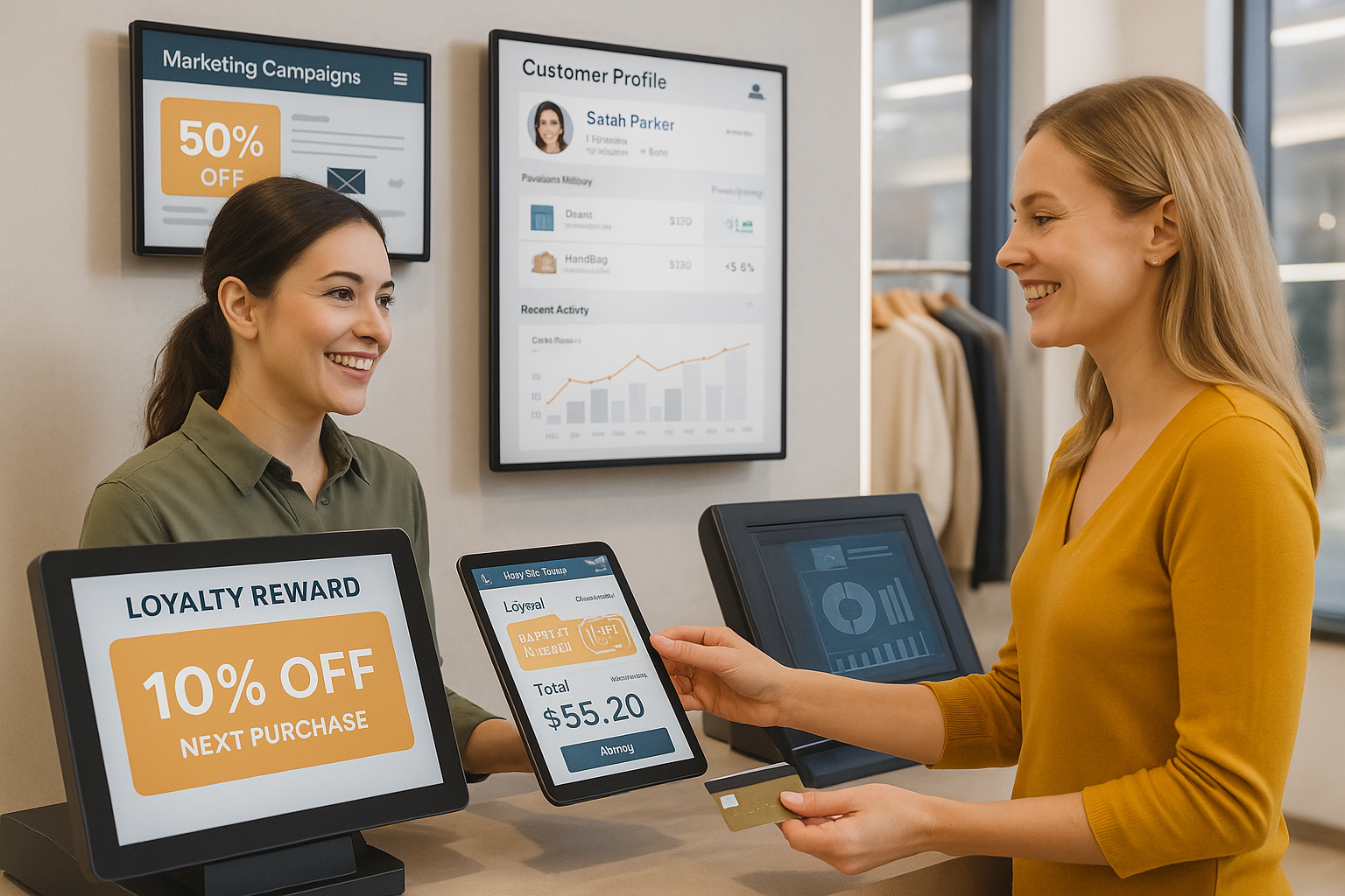 Retail CRM software dashboard showing loyalty rewards, personalized offers, and sales insights that improve customer retention and revenue growth.