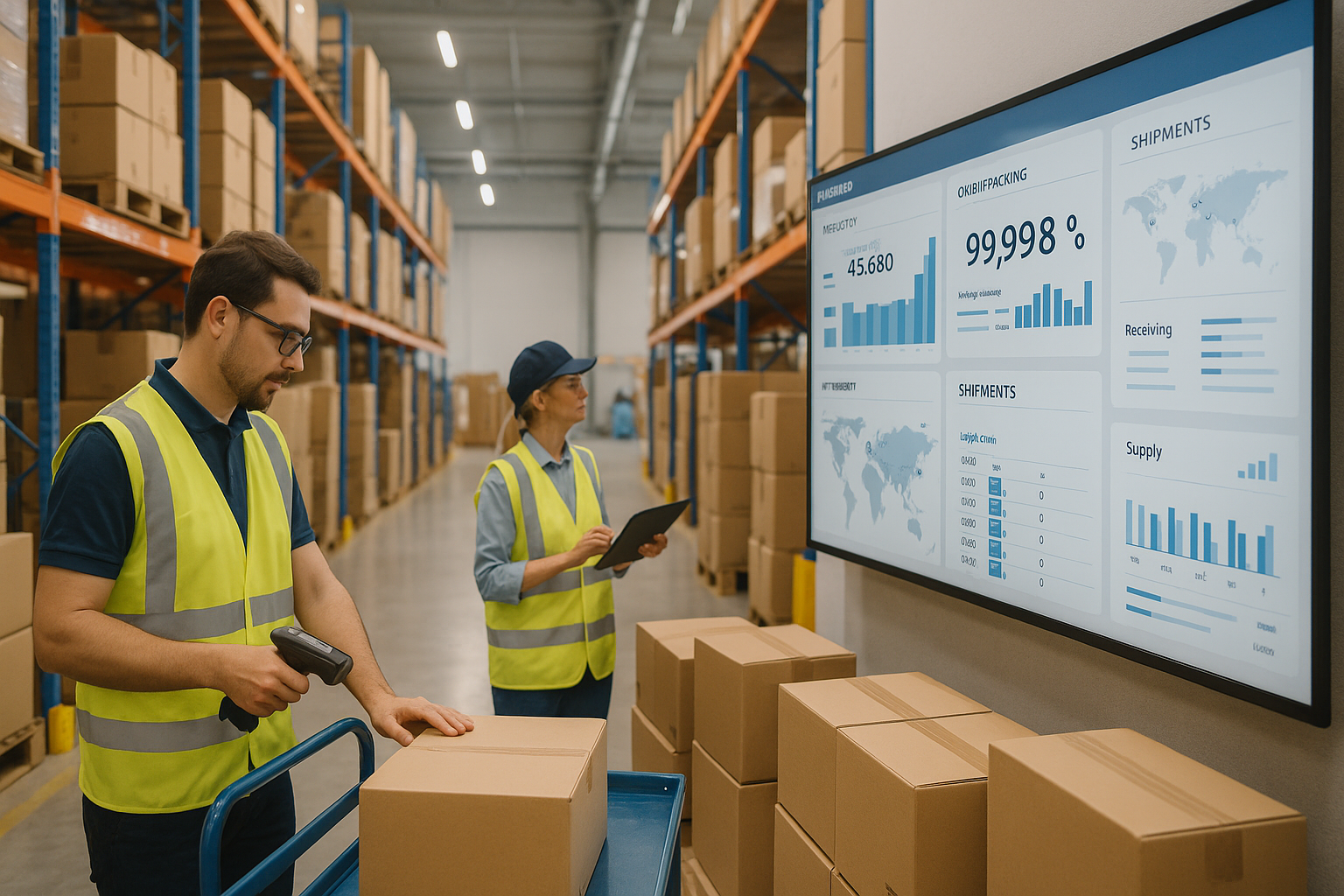 Warehouse Management System dashboard in a manufacturing facility showing real-time inventory tracking, automated workflows, and supply chain visibility.