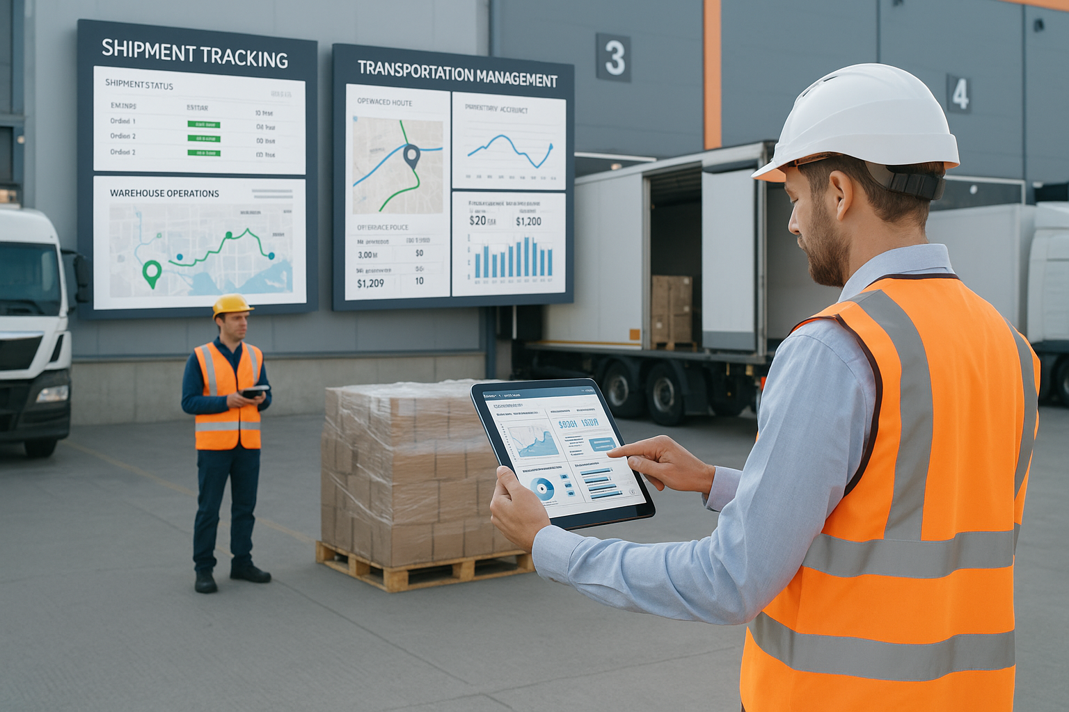 WMS system dashboard in a logistics hub showing shipment tracking, optimized routing, and warehouse-to-transport integration for modern logistics.
